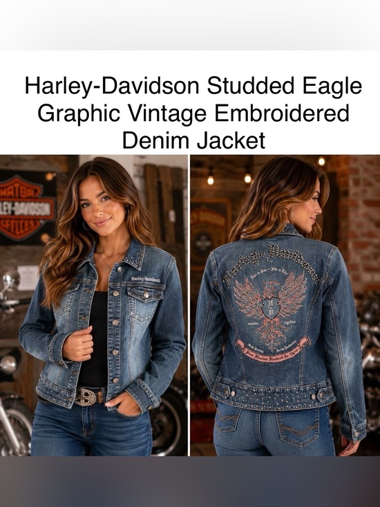 Harley-Davidson Jackets & Blazers - Harley-Davidson Blue Embroidered Eagle Studded Denim Jacket
